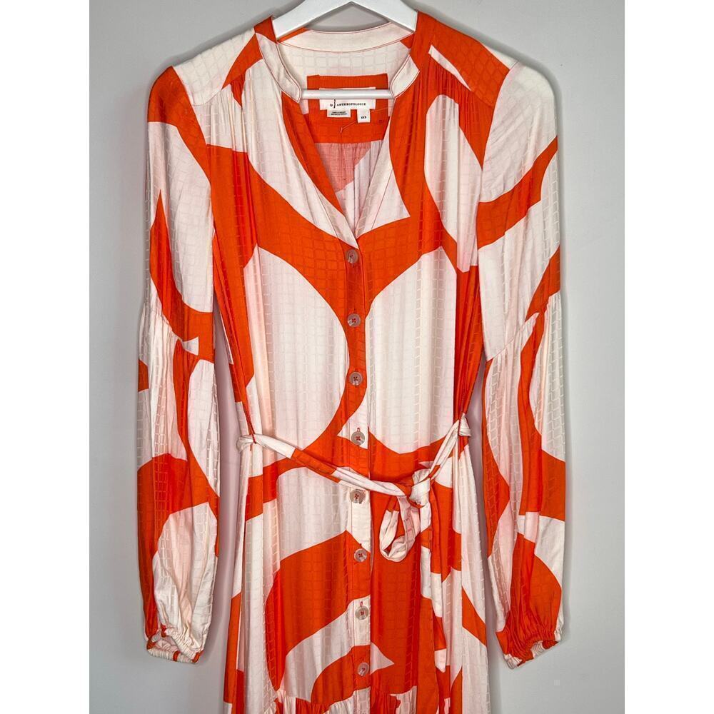 Anthropologie Tiered Buttondown Maxi Belted Dress Orange & White Abstract XXS - Picture 5 of 11
